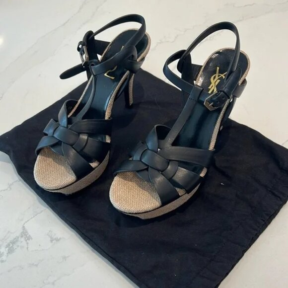 YSL SAINT LAURENT TRIBUTE LINEN AND BLACK LEATHER SANDAL HEEL SIZE 37 - Picture 3 of 6